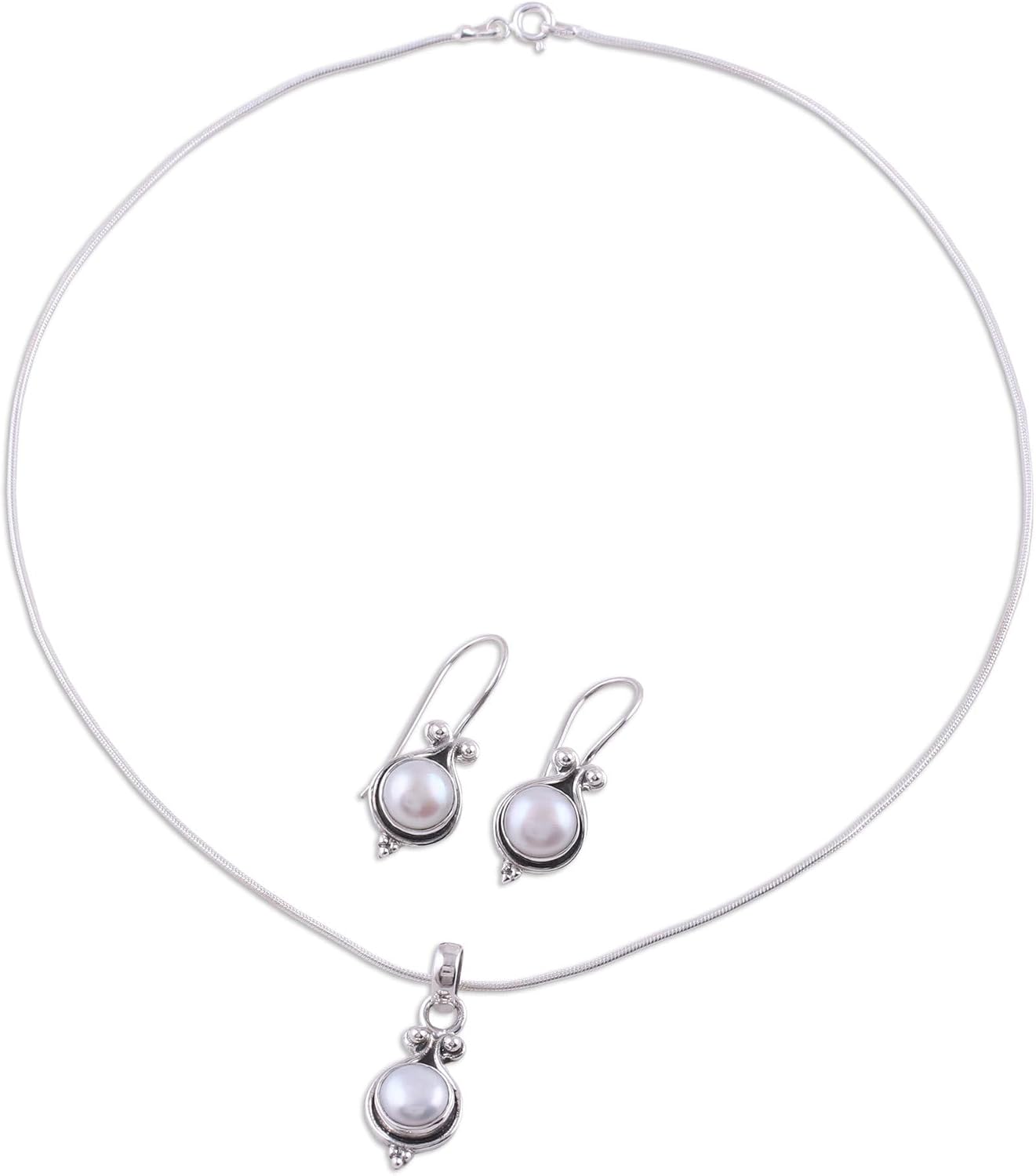 NOVICA Artisan Handmade Pearl Jewelry Set Bridal Sterling Silver from India White Pendant Birthstone [16.5 in L Pendant(s) 0.4 in L x 1.2 in W x 0.3 in D Earrings 1 in L x 0.4 in W x 0.2 in D] '