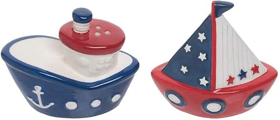 Beachcombers Ships Ahoy Salt & Pepper Set Nautical Coastal Beach Home Kitchen Dining Dinner Table Tabletop Decor Decoration Blue