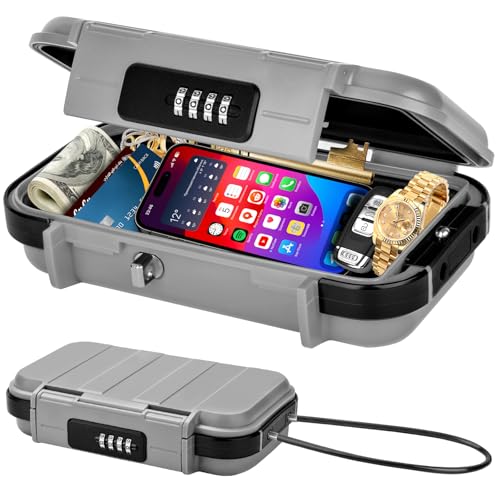 TNIIFXC Portable Travel Safe Lock Box 4-Digit Combination Mini Safe Box, Anti-Theft Beach Security Lockbox Waterproof Small Lockable Box with Removable Wire Rope for Dorm Beach Hotel Car Home Office