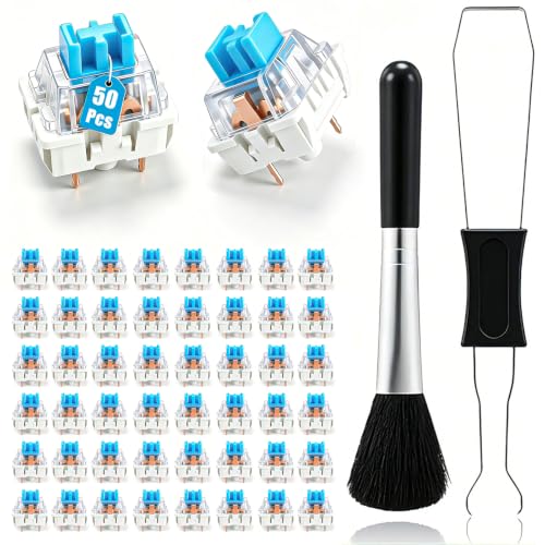 50 Pcs Blue Keyboard Switches, 3-Pin Tactile Mechanical Keyboard Switches, Complete DIY Replacement Kit with Switch Puller & Brush, Keyboard Clicker is Suitable for Most Gaming Keyboards