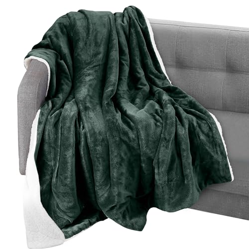 Elegant Comfort Throw Blanket, Reversible Sherpa Flannel, Ultra-Soft, Fuzzy, Cozy and Plush- All Season Lightweight Decorative Throw, 50 x 60 inches, Solid Sherpa Throw, Hunter Green