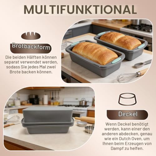 Foto von Brotbackform Silikon, 2 Stück Silikon Brotbackform, 1 Bürste + 1 Spachtel Set Brotform, 28 x 15 x 6,5 cm, Rechteckig Dunkelgrau Silikonbackform Kastenform, Backform Für Kuchen, Brot, Brownies