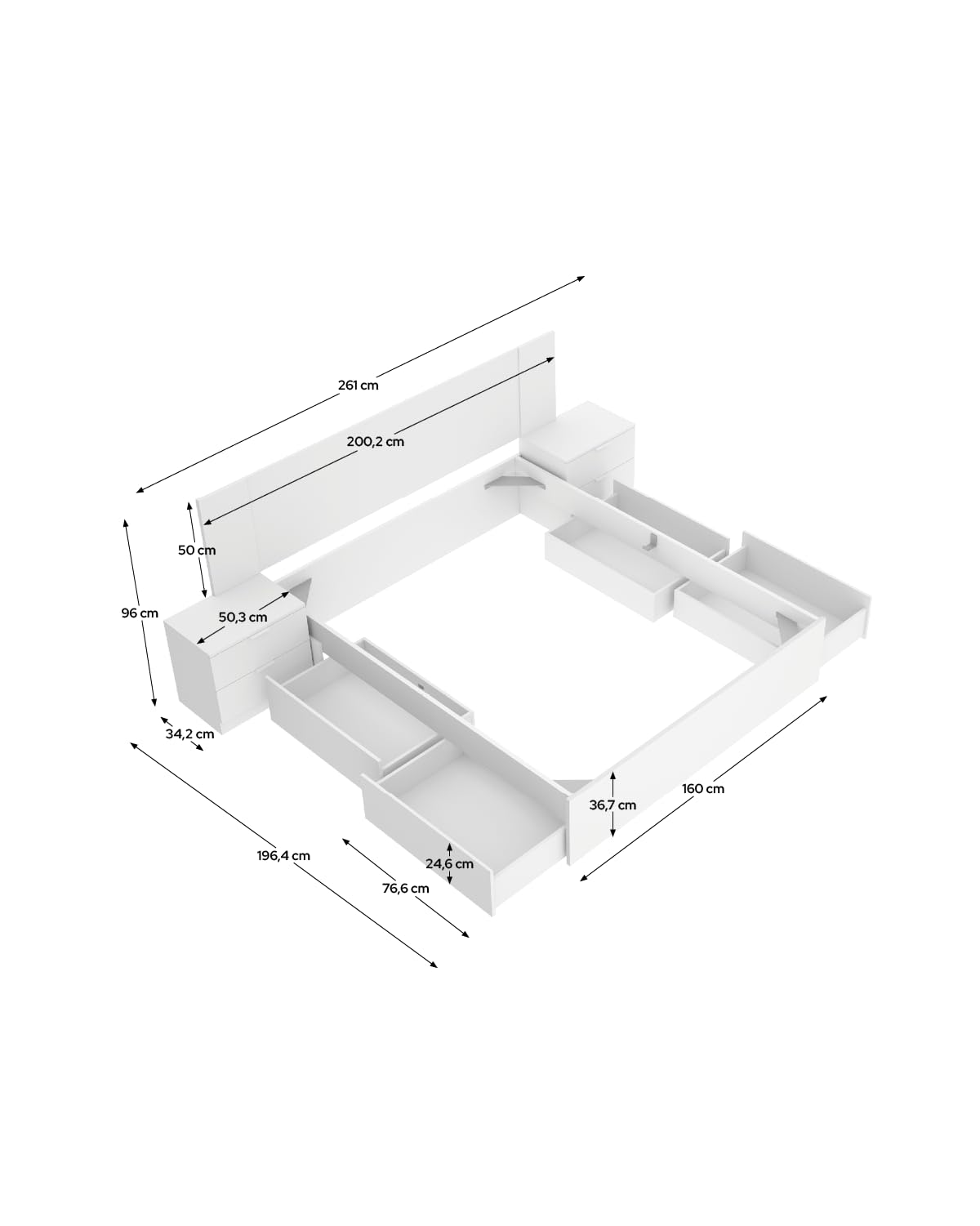 DEKIT Grupo RIMOBEL - Cabezal Cama len con 2 MESITAS Y Cama Alice 150CM con 4 CAJONES - 96x251x197cm
