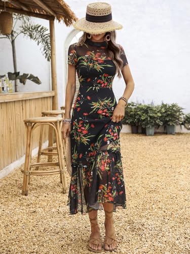 Image of GothDark Women's Summer Floral Mesh Ruffle Dress Short Sleeve Round Neck Waist Cinched Casual Maxi Wedding Guest Dresses