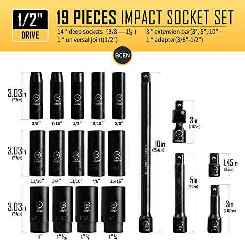 Boen 1/2" Drive Sae Deep Impact Socket Set, 19 Piece Cr-V Steel Socket Set Sae Size 3/8" To 1-1/4", Includes Extension Bars, Universal Joint And Adapter, 6 Point Design, Meets Ansi Standards #TOP2