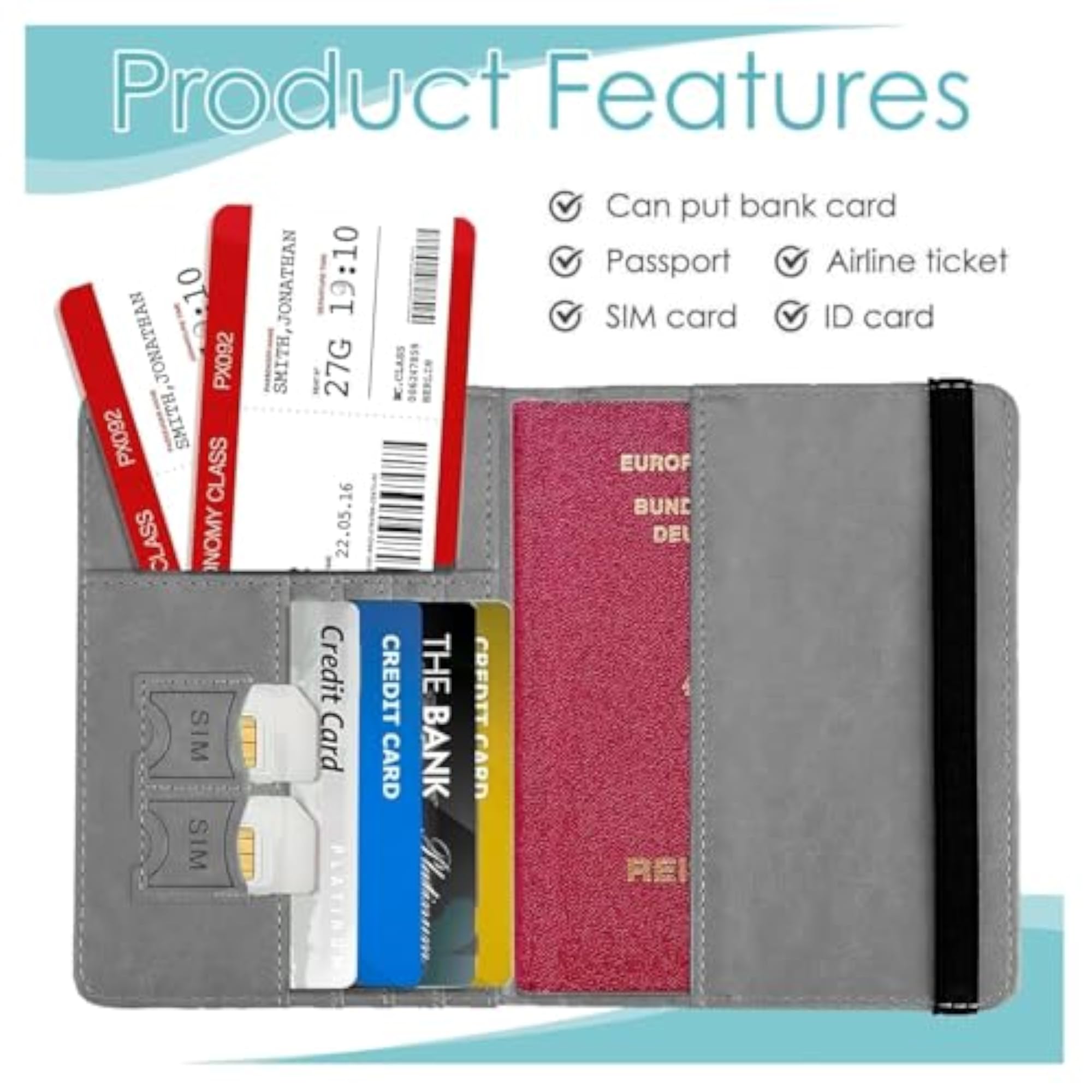 Grey RFID Blocking PU Leather Travel Passport Holder
