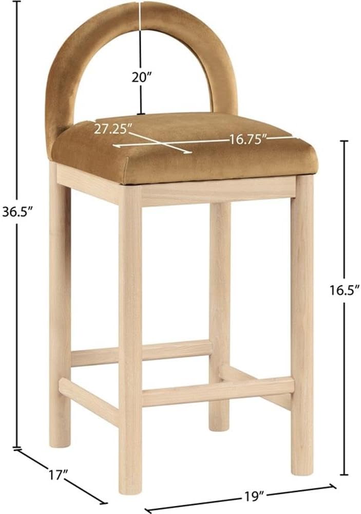 Meridian Furniture 11034Saddle-C Conrad Collection Art Deco Counter Stool with Ultra Luxe Saddle Velvet, 460 GSM Velvet, Solid Wood Natural Finish, 17" W x 18.75" D x 36.5" H, Saddle