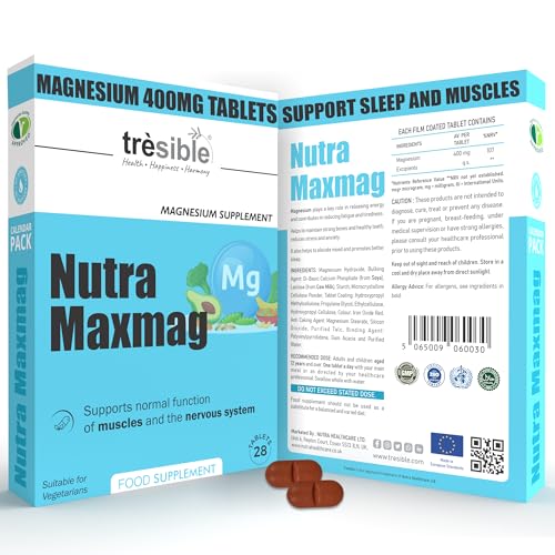 Tresible High Strength Magnesium Tablets 400mg (1 Month Supply) - Unflavoured Magnesium Supplements for Sleep, Relaxation and Nerves Support - Vegetarian Tablets for Heart, Muscles and Bones Health