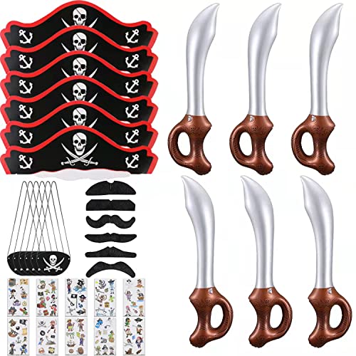 Jyongmer 34Pcs Pirate Party Supplies Set, Pirate Funny Party with Pirate Hats Pirate Eye Patch Inflatable Pirate Swords Cute Mustaches Pirate Temporary Tattoos for Caribbean Pirate Birthday Halloween