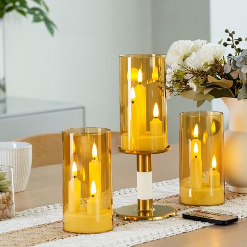 Image of Hausware 3-in-1 Flameless LED Taper Candles with Remote - Battery Operated, Realistic & Portable Candles Set,3-Pack,Durable Indoor /Outdoor Decor (Gold)