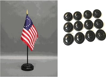 Made in USA 12-Pack Besty Ross 13-Star American 4X6 Rayon Mimi Desk Flags and Stands