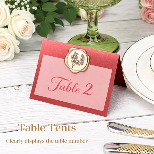 LITTOBEBE 50 Pack Place Cards - Antique Gold Wax Seal Sticker & Vellum Inserts, Pre-Scored Name Tent Cards for Table Setting, 4x3“ Folded Table Cards for Party Wedding Dinner Events (Pearlescent Red) by LITTOBEBE - Image 9