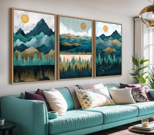 Large Mountain Canvas Wall Art - Natural Float Framed Green