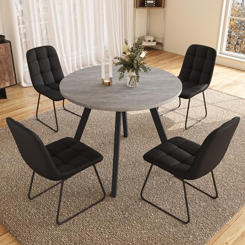 Zerifevni 34.6'' Dining Table and Chairs for 4, Mid Century Modern Round Table Set, Space Saving for Apartment Kitchen Dining Room (Grey Table+4 U-Shaped Black Chairs)