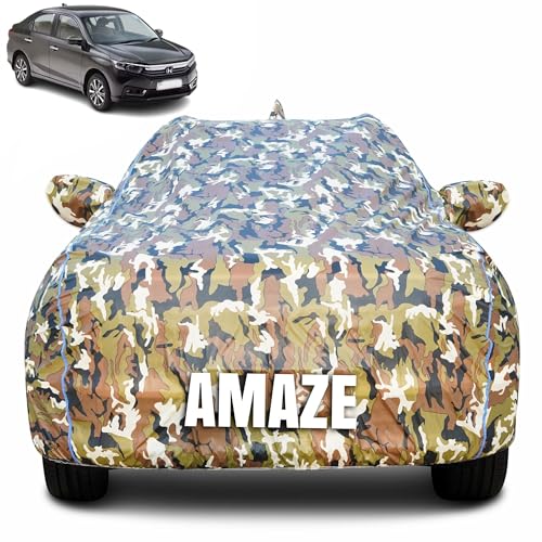 Image of 100% Waterproof Car Body Cover for Honda Amaze (2024-2025) with Mirror Pocket (Heat & UV Resistant, Triple Stitched, Soft Lining, Bottom Elastic & Piping) Camouflage, Military Print