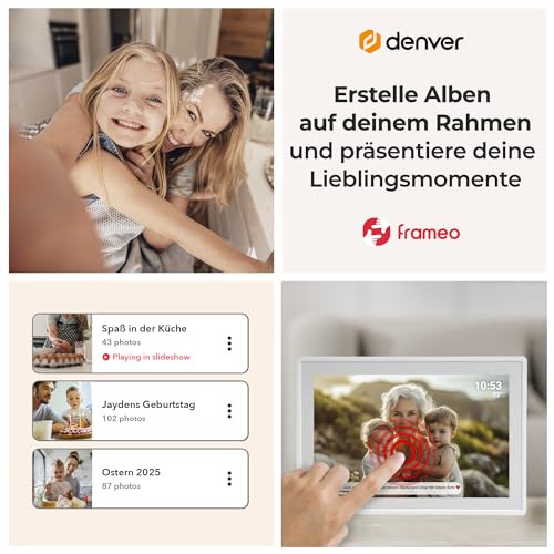 Denver Digitaler Bilderrahmen Weiß 10,1 Zoll mit WLAN – Frameo Digital Photo Frame mit Touchscreen & 16 GB – Elektrischer Bilderrahmen mit App-Steuerung - USB & microSD