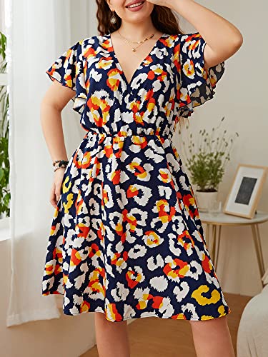 Kiboule Vestido feminino plus size estampado manga curta cintura elástica vestido casual