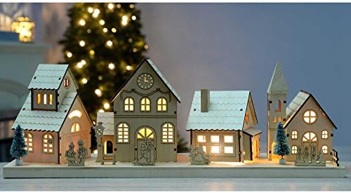 WeRChristmas Pre-Lit Wooden Village Scene Illuminated with 10 Warm LED Lights, 48 cm - Large, White