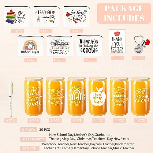 30 Pcs Teacher Appreciation Gift Set - Best Teacher Gifts, Back to School Gifts, Thank You Gifts, Retirement Teacher Gifts for Women, with 16oz Coffee Glass Cup Keychains Zipper Bag Pen Greeting Card