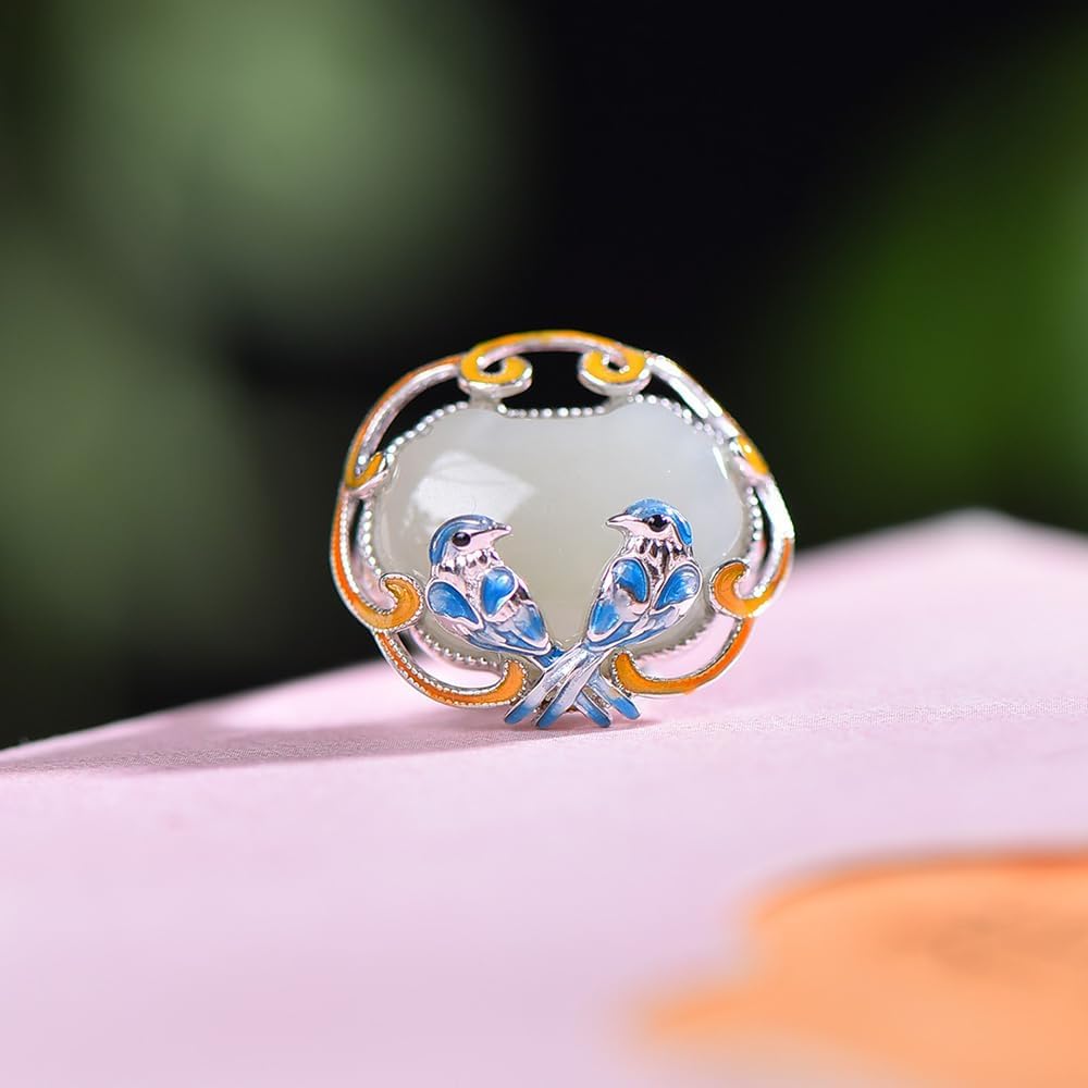 S925 Silver-Inlaid Natural White Jade Ruyi Lock Enamel Ring with Adjustable Opening and Including Certificate