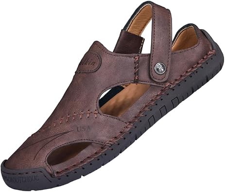 Mens Leather Fisherman Sandals, Closed Toe, Hollow Athletic Sandals Slip-on Roman Casual Summer Beach Slipper Shoes