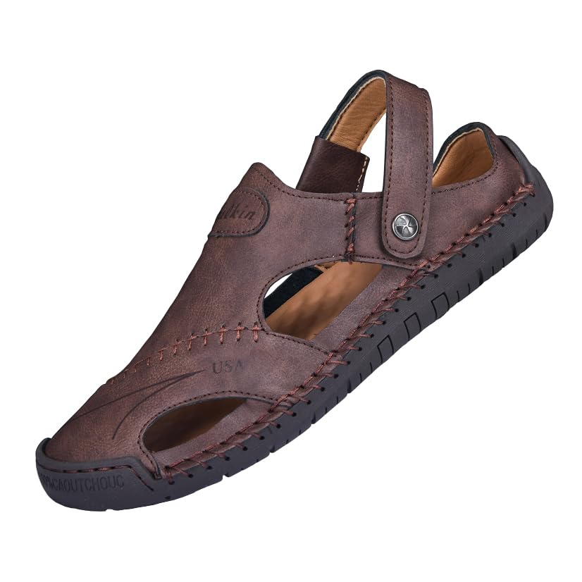 Men's Leather Fisherman Sandals, Closed Toe, Hollow Athletic Sandals Slip-on Roman Casual Summer Beach Slipper Shoes
