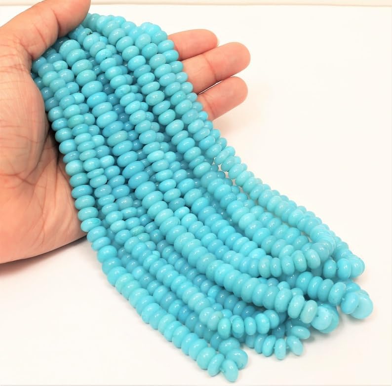 Natural Turquoise Blue Opal Rondelle Smooth Beads 8x10 16 inch Long String Jewelry Making Gemstone Beads for Necklace Bracelet