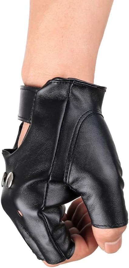 JISEN Men PU leather Gloves Steampunk Gothic Half Finger Hook-Loop Mittens Black