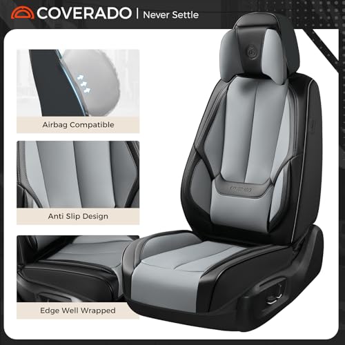 Image of Coverado Seat Covers, Car Seat Covers Front Seats, Car Seat Cover, Car Seat Protector Waterproof, Seat Cushion Nappa Leather with Head Pillow, Carseat Cover Universal Fit for Most Cars (Black&Gray)