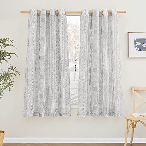 Nicetown Flax Linen Sheer Boho Curtains, Grommet Modern Geometric Pattern Vertical Drapes Privacy For Bedroom/Kids Room, 50" Wide By 63" Long, 2 Pieces, Grey #TOP21