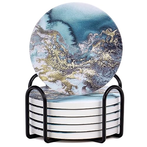 drink coaster, Set of 6 set with stand, cork base,Ceramic coaster suitable for all kinds of cups, gift. (blue)