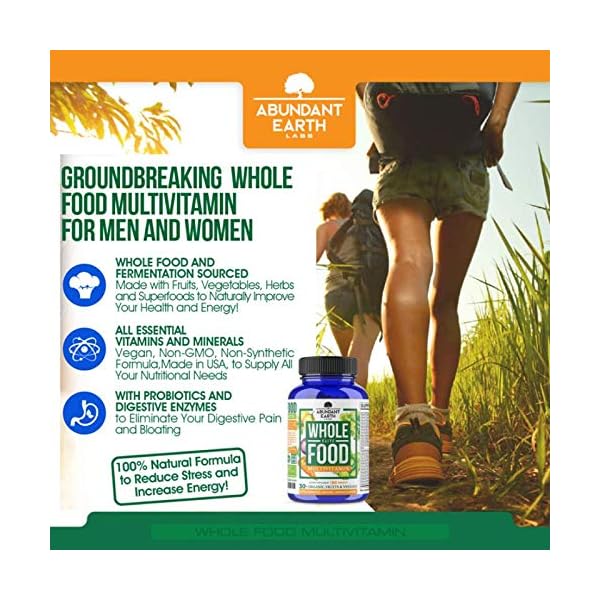 Whole-Food-Multivitamin-Elite-Organic-Multivitamin-for-Men-and-Women-Non-GMO-Multivitamin-with-Probiotics-Enzymes-B-Complex-Omegas-for-Daily-Energy-Mood-Digestion-Heart-Health-90-Tablets Abundant Earth Whole Food Multivitamin for Women, Daily Multi Vitamins Supplements for Men/Mens Multivitamins + B Complex, Probiotic Multi Enzyme, Omegas for Organic Energy, Mood, Digestion 90ct
