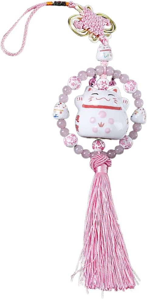 Porcelain Figurine Lucky Cat Hanging Pendant Chinese Kont Tassel Ornament, Feng Shui Lucky Cat Ceramic Pendant Charm for Wealth Fortune, Lucky Chinese Kont Car Interior Ornaments Decoration