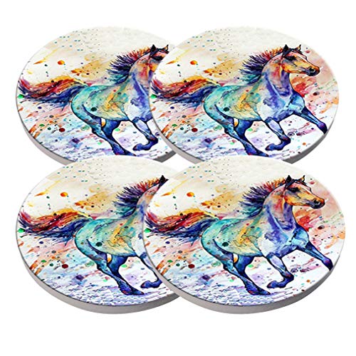 Watercolor Horse Coasters - Round Drinks Absorbent Stone Coaster Set with Ceramic Stone and Cork Base for Kinds of Mugs and Cups Water Cube Set of 4