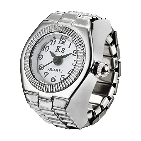 GUODUN Joyería geométrica retro Hombres Mujeres dedo reloj creativo elástico redondo cuarzo dedo anillo relojes(blanco) Cover