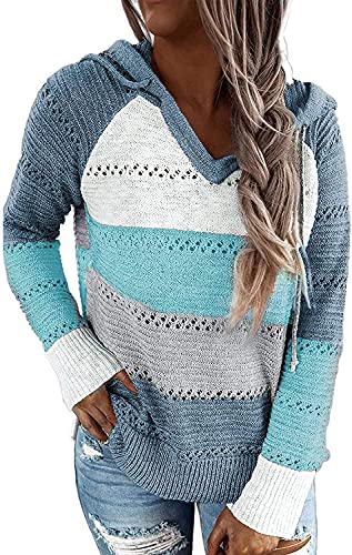 GRMLRPT Sudaderas con Capucha para Mujer Manga Larga Punto Suéter Chaqueta Talla Grande Pulóver Hoodie Suelto Cordón Rayas Sweatshirt Cuello en V Blusa Cover