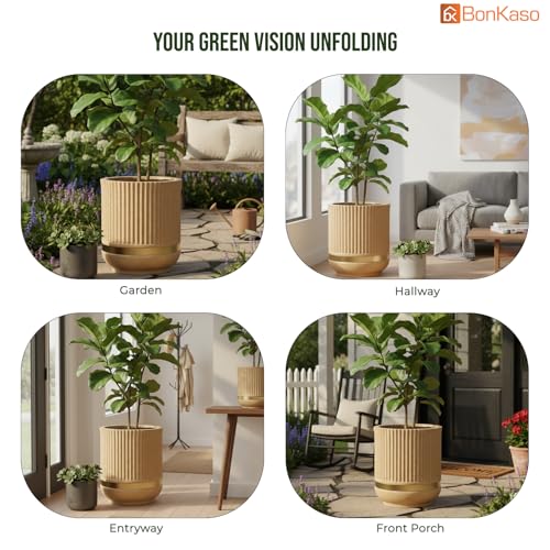 Image of BonKaso 14 Inch Tower Plant Pot for Indoor & Outdoor | Modern Lightweight Polymer Planter | Weather, UV & Frost Resistant | Ideal for Living Room, Balcony, Office & Nursery (Beige)