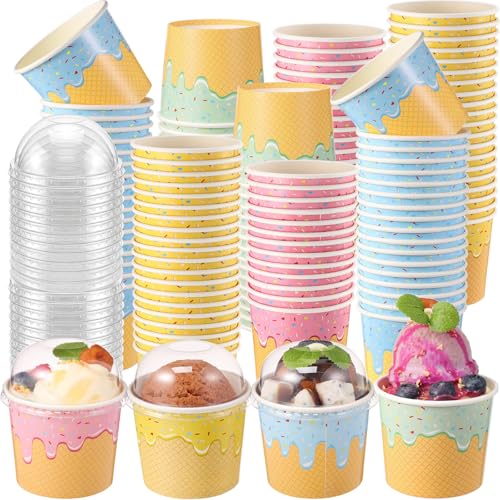 Image of Jingmore 80 Count Paper Ice Cream Cups with Clear Dome Lids Disposable Dessert Cups Bulk Dessert Bowls Sundae Containers for Snack Yogurt Soup Birthday Ice Cream Party Supplies (4 oz)