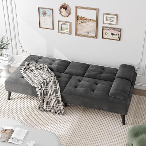 JAMFLY Futon Sofa Bed, 64\" Small Futon Couch with Adjustable Backrest, 3-Angle Recliner, Detachable Armrests with Cup Holders for Small Spaces, Living Room, Office, Apartment (Black Velvet)