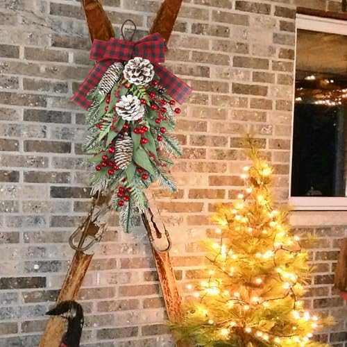 CISDUEO Christmas Teardrop Swag for Front Door Wreath Red Berry Pinecone Winter Pine Needles Artificial Swag Christmas Xmas Teardrop Door for Wall Hanging Indoor Outdoor Decor by CISDUEO - Image 6