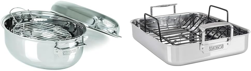 Viking Culinary 3-Ply Stainless Steel Oval Roasting Pan, 8.5 Quart & Culinary 3-Ply Stainless Steel Roasting Pan, Includes a Nonstick Rack