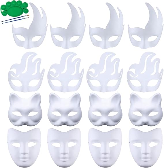 Qavctw 16PCS DIY White Masks Paper Cosplay Christmas Party Mask Unpainted Plain Craft Masquerade Masks for Christmas Mardi Gras Party Mask