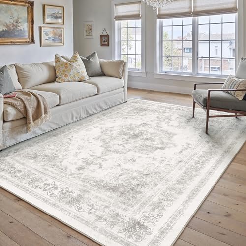 Washable Rug 6x9 Area Rug for Living Room Light Gray Vintage Boho Medallion Large Grey Distressed Retro Carpet Non Slip Indoor Low Pile Small Soft Bedroom Dining Room Home Office