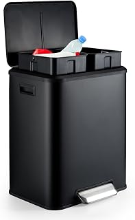 TrailBlaze Trash Can, 2 x 4 Gal (2 x 15L) Stainless Steel Double Trash Can with Recycling Bin, Soft-Close Lid, Step-on Garbage Bin, Black(with Removable Plastic Inner Buckets)