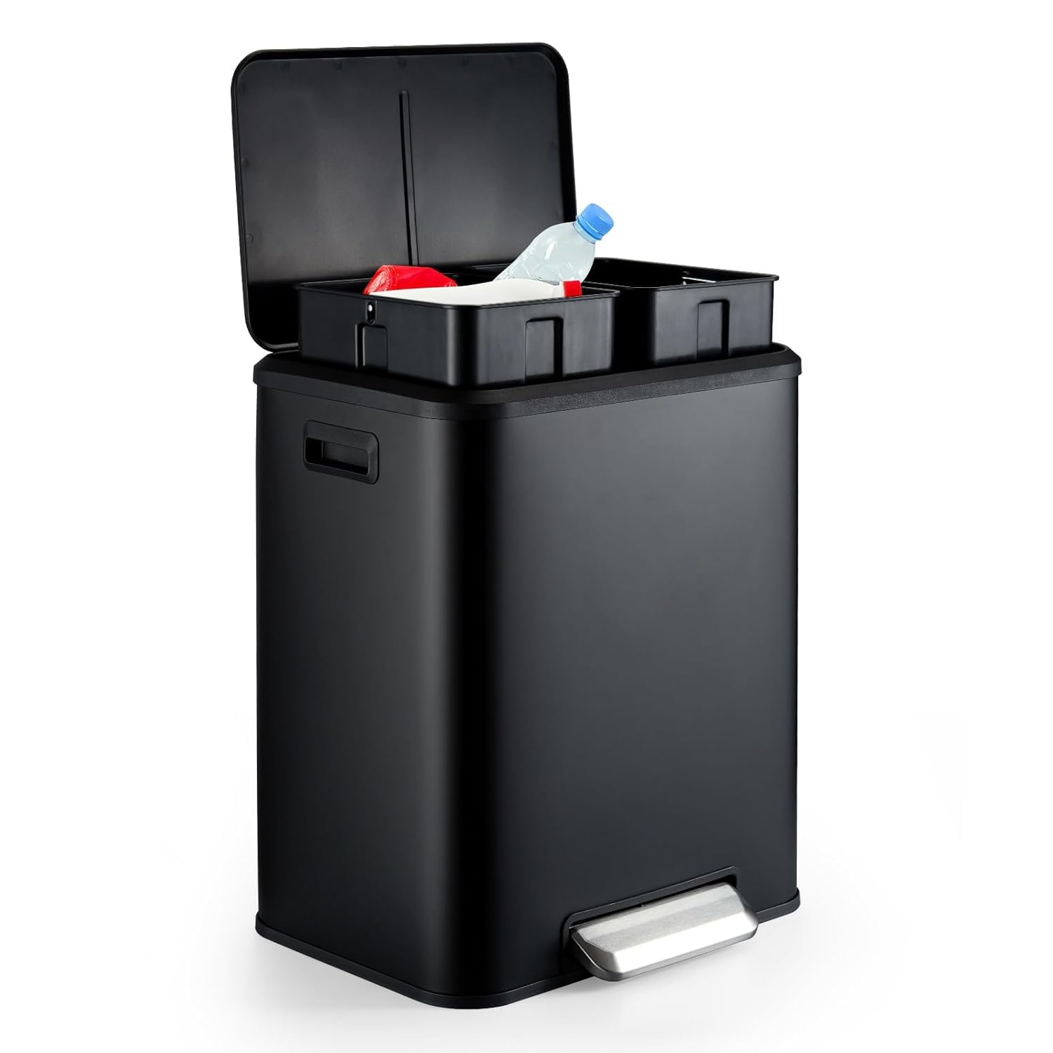TrailBlaze Trash Can, 2 x 4 Gal (2 x 15L) Stainless Steel Double Trash Can with Recycling Bin, Soft-Close Lid, Step-on Garbage Bin, Black(with Removable Plastic Inner Buckets)