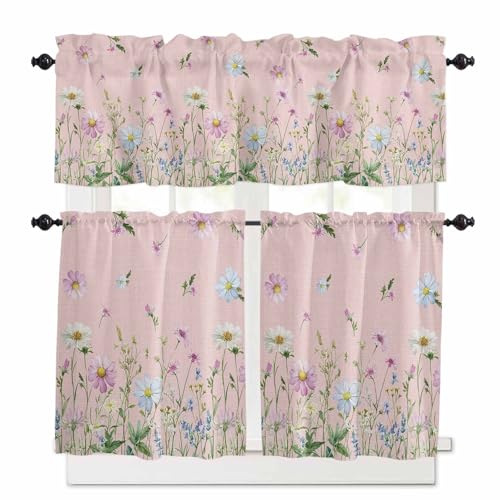 Flower Pink Kitchen Curtains 24 Inch Length,3 Piece Rod Pocket Small Half Tiers and Valance Set,Blue Pink Daisy Wildflower Floral Botanical Small Large Window Treatment Decor for Bedroom/Bathroom
