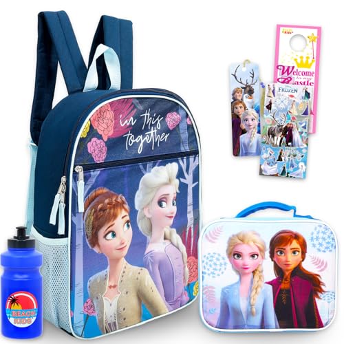 Disney Conjunto de mochila e lancheira Frozen – Pacote com mochila escolar Frozen de 41 cm, lancheira, garrafa de água, adesivos, marcador de livro, mais | Mochila Elsa e Anna com lancheira