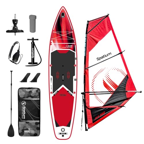 Inflatable SUP Windsurf Paddle Board Windsurfer Inflatable Windsurf Sail ï¼ˆ5mÂ² 400 * 185cm A Set of Inflatable Windsurfing Board and Sail - Red Color
