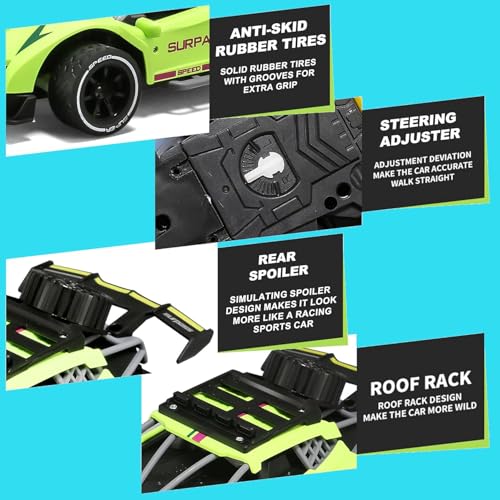 Image of joybox 1:16 Scale RC Racing Car, 2.4GHz Remote Control, Anti-Skid Rubber Tyres, Neon Green with Rear Spoiler and Roof Rack, with Mist Spray