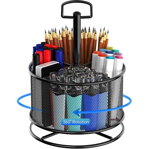 MINDEPOT 360-Degree Rotating Pen Holder for Desk, Mesh Pencil Organizer Multi-Functional Pen Holder, 4 Compartments Desktop Stationary Organizer, Home Office Black